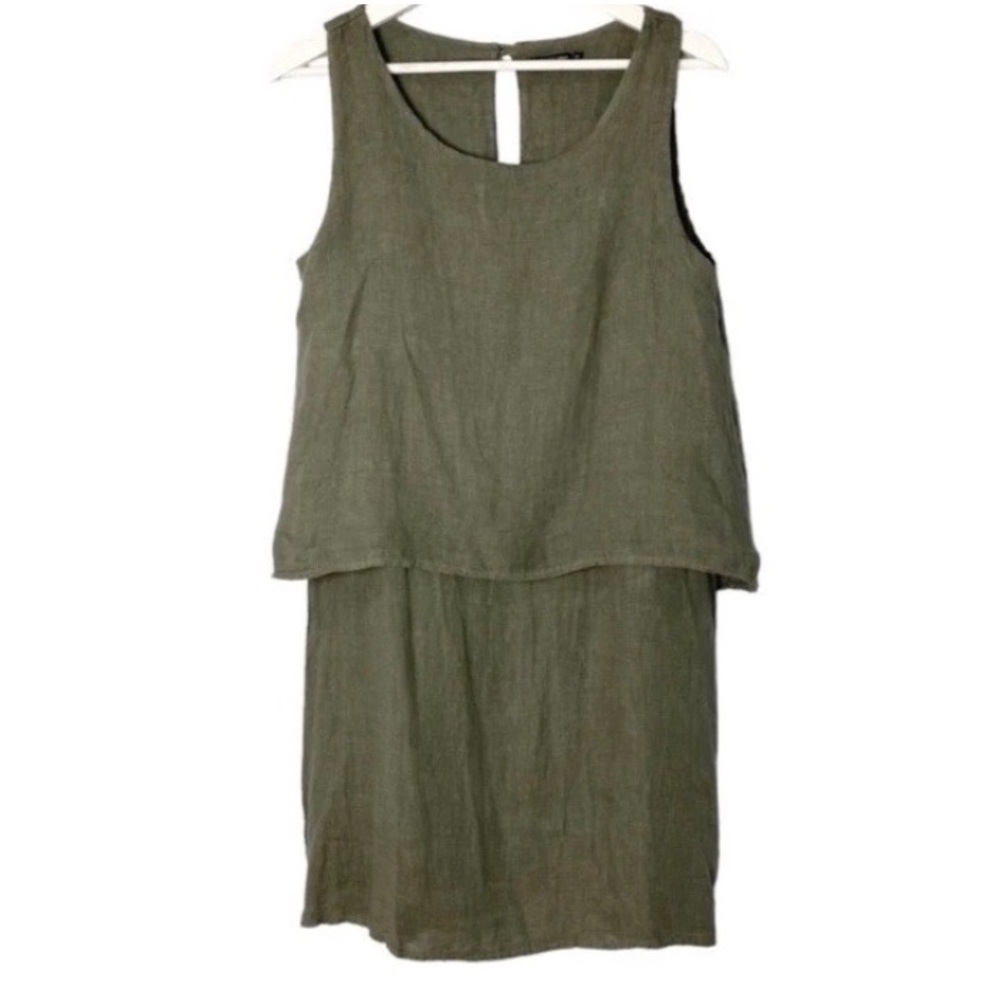 Lungo L’arno Italy Made Pop Over 2 in 1 Olive Green Sleeveless Linen Dress XS. - Picture 9 of 11